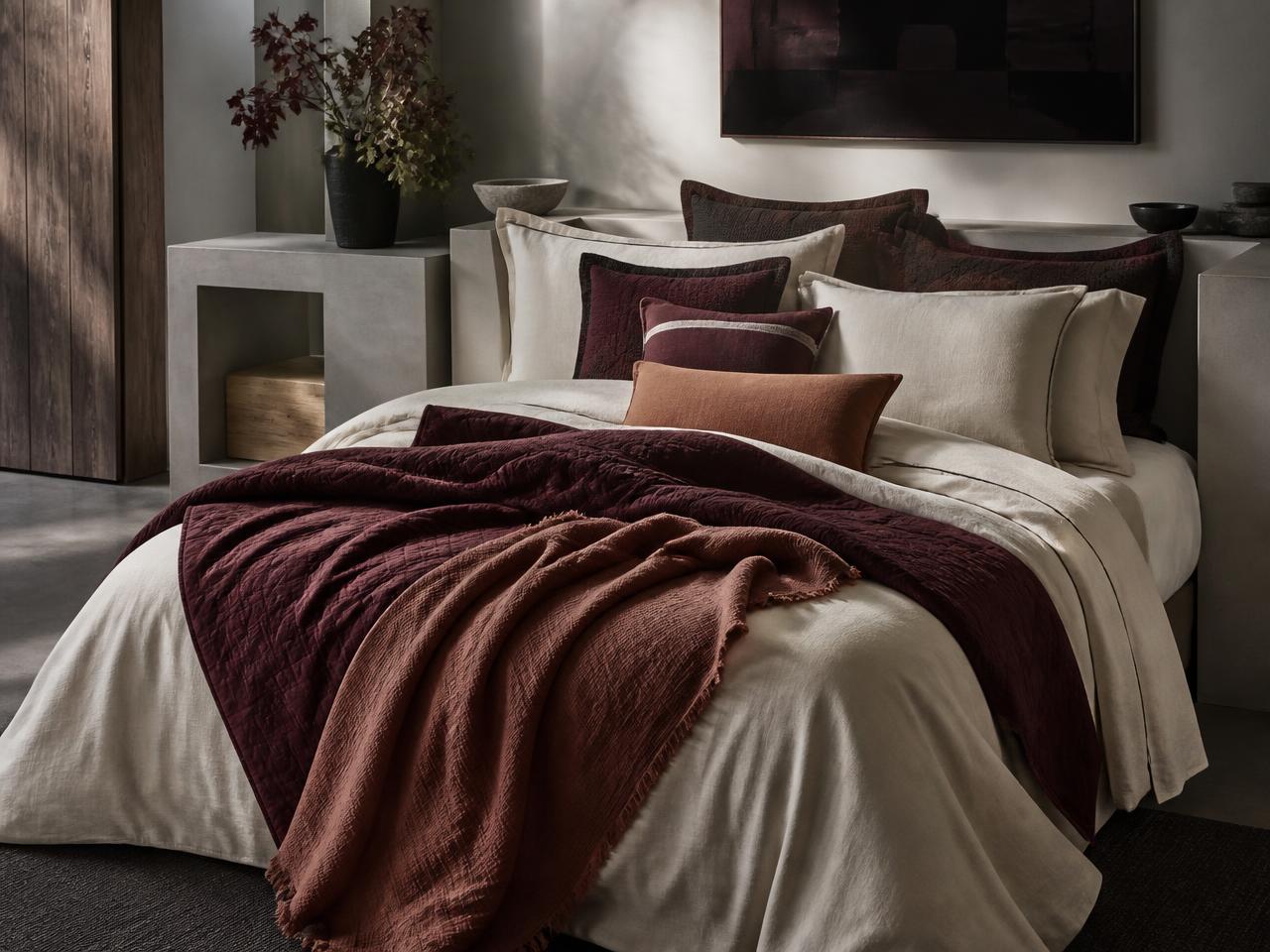Layered ivory, burgundy, and copper Kapaas bedding and cushion collection